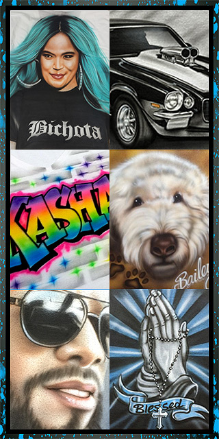 six examples of airbrushed pieces, portraits of people, dogs, cars and graffiti name