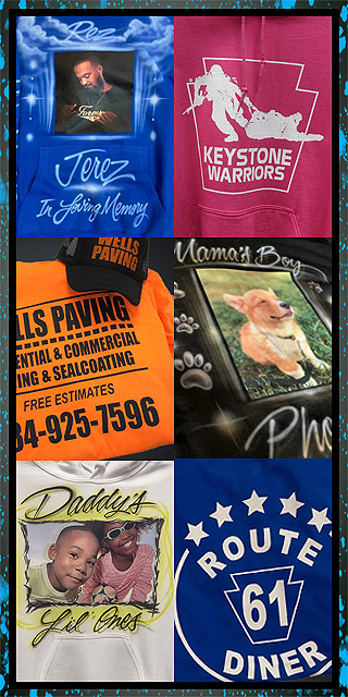 screen and digital print examples for memorials and small business tees and hats